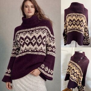 Free People Fair Isle Split Neck Burgundy and Cream Sweater